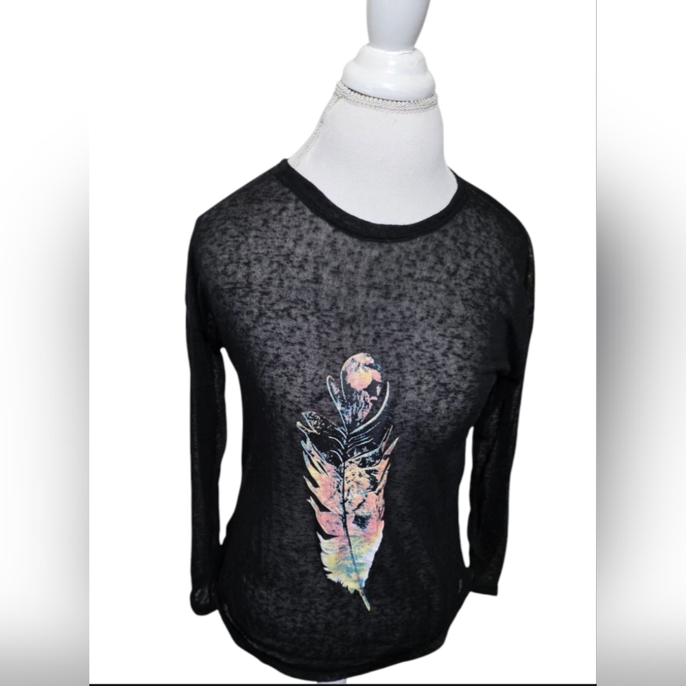 Black Sheer Feather Print Top Sz L
